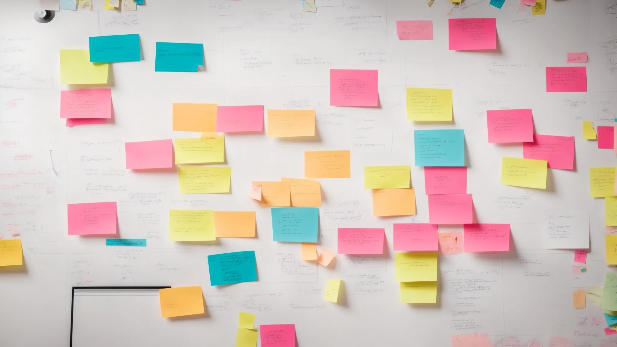 a whiteboard with marketing strategies and colorful sticky notes mapping out a new brand identity.