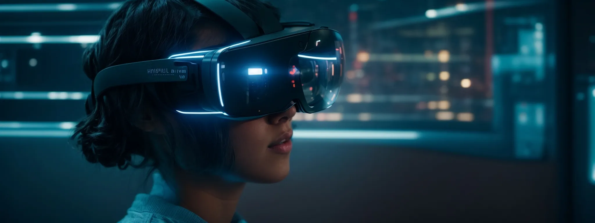 a person wearing vr glasses immersed in a futuristic digital interface while interacting with a holographic display.