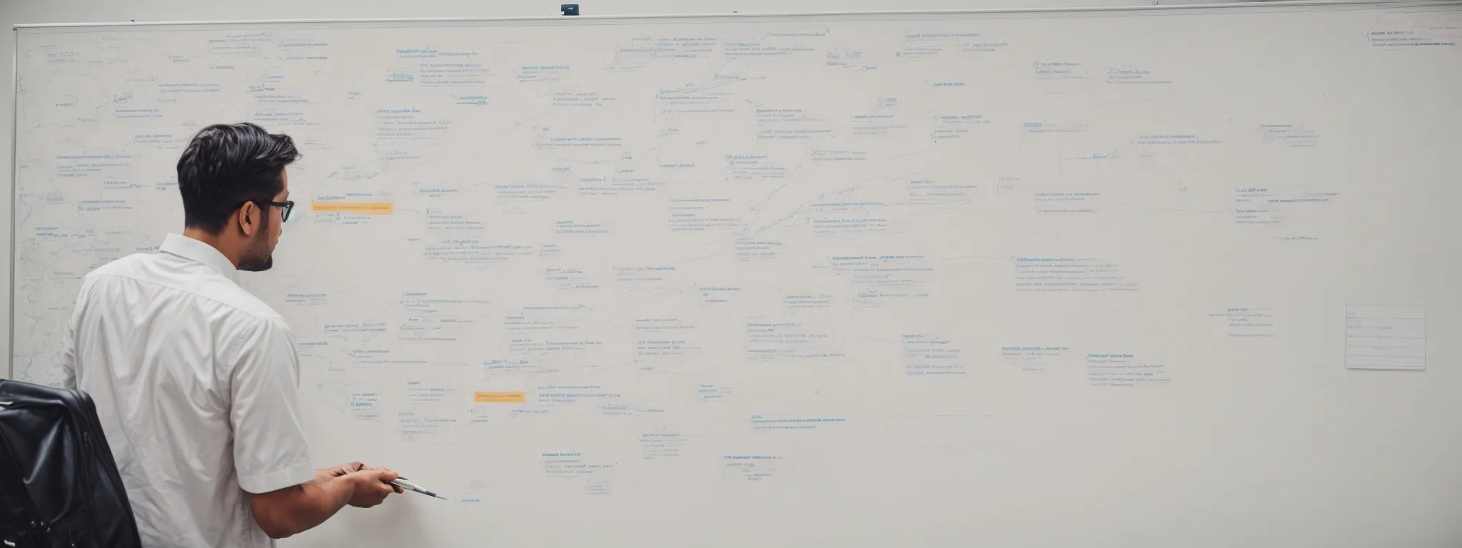 a web developer thoughtfully mapping out a website’s architecture on a whiteboard to maintain seo structure during a site redesign.