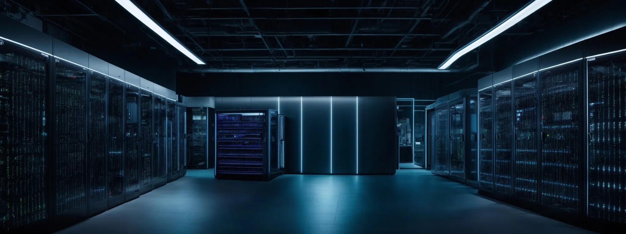 a panoramic view of a modern, bustling data center with server racks and glowing led indicators.