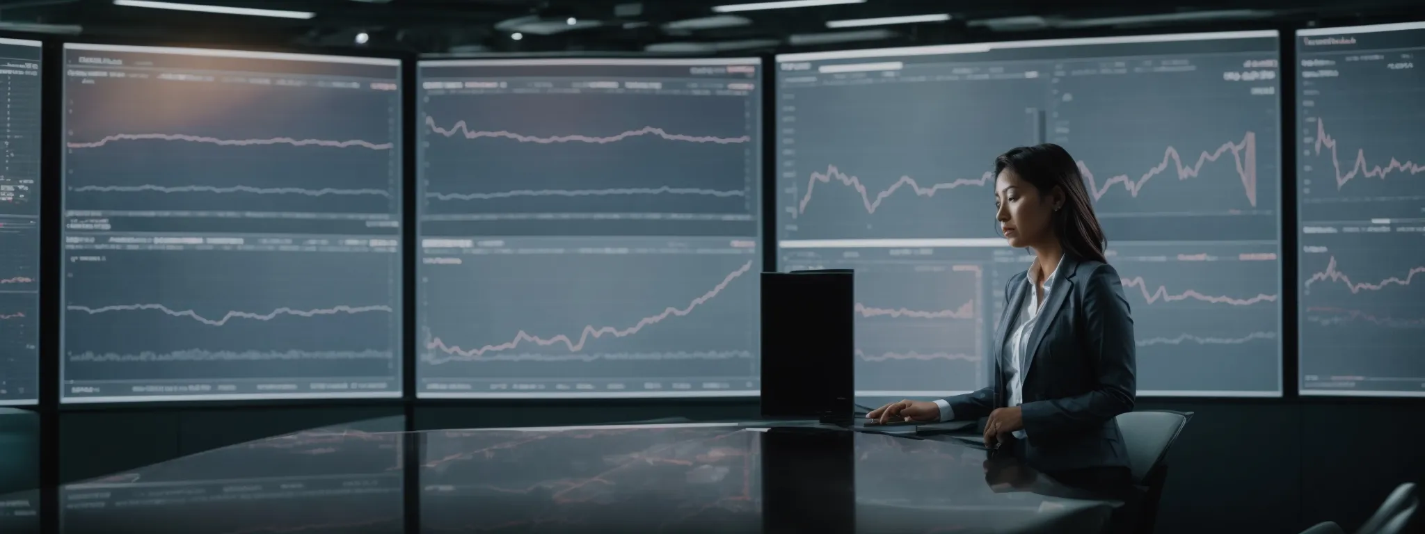 a businesswoman analyzes graphs on a large screen reflecting user engagement statistics.