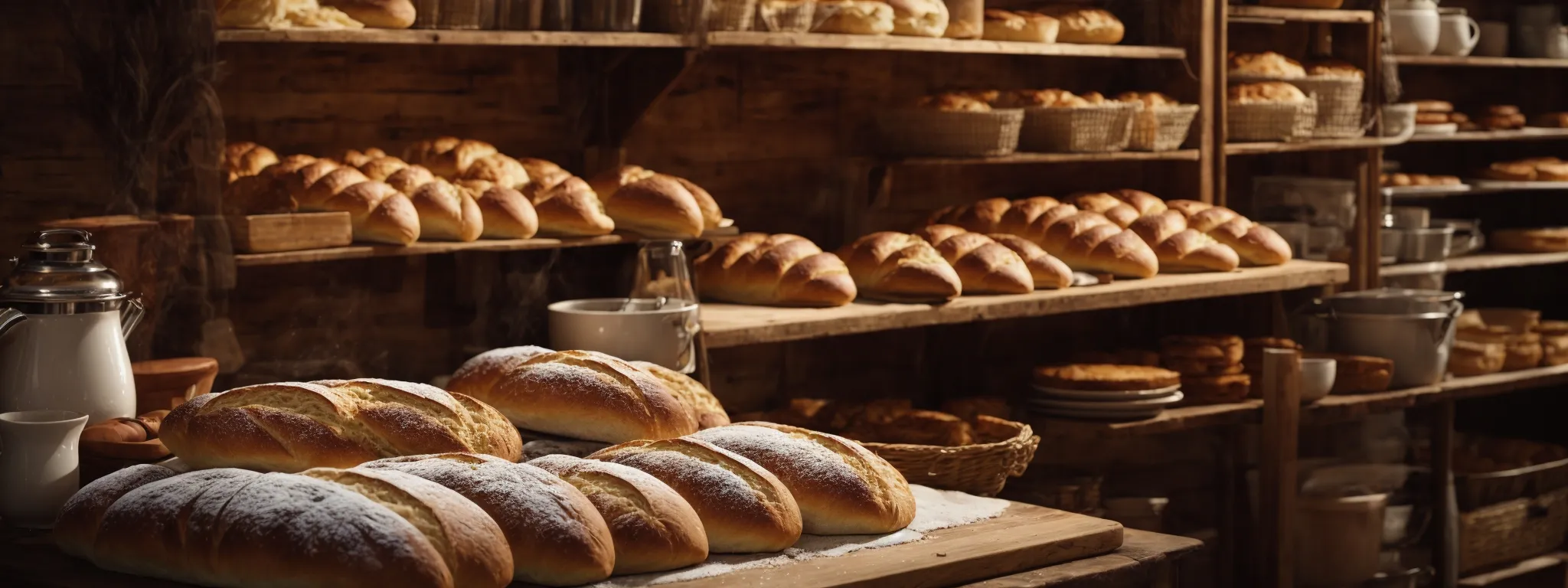 a bustling bakery kitchen warmly lit, with freshly baked bread arrayed on rustic wooden shelves and an open recipe book nearby.