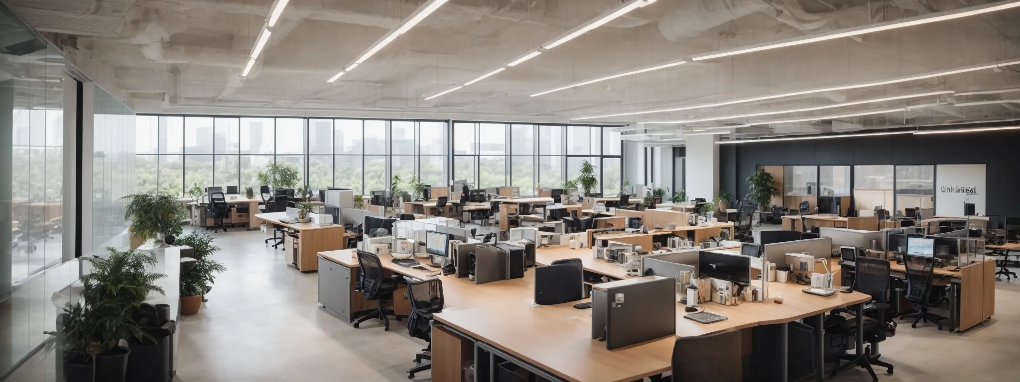 a spacious corporate office with clusters of desks representing a large, established company on one side and an open, modern co-working space symbolizing a startup on the other side.