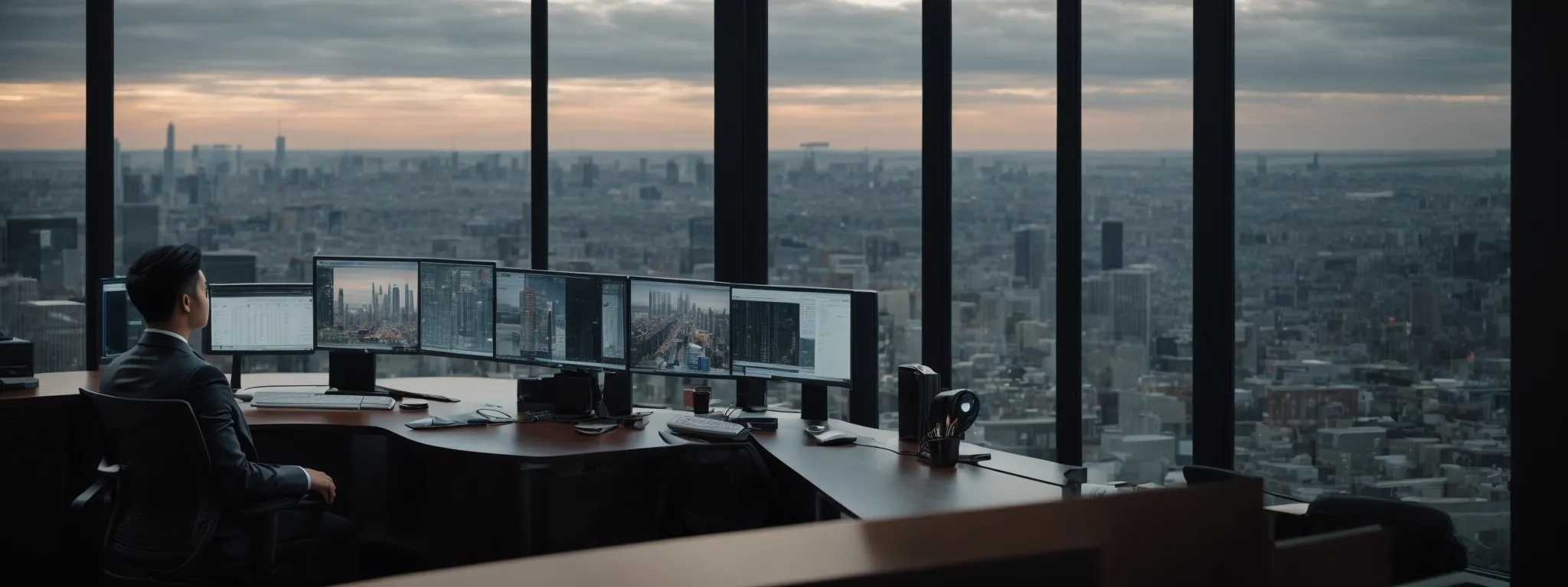 a person sits at a modern desk, intently analyzing data on a computer screen in a sleek, professional office space with a cityscape view.
