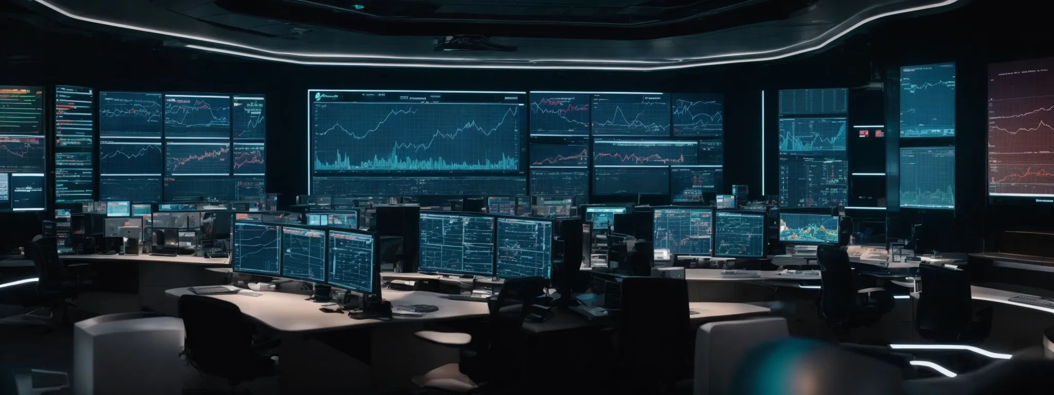 a futuristic control room with screens displaying graphs and predictive models, highlighting strategic decision-making in digital marketing.