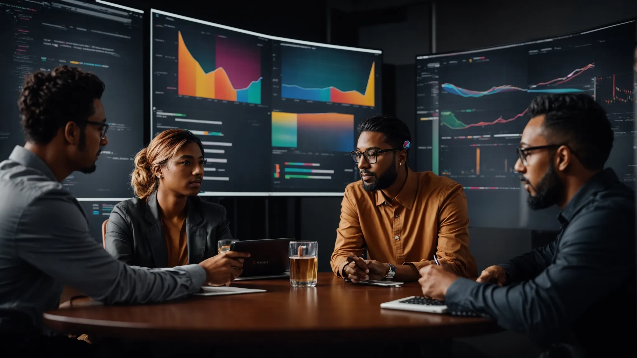 a group of diverse professionals collaborating over a large screen displaying colorful graphs and marketing metrics.
