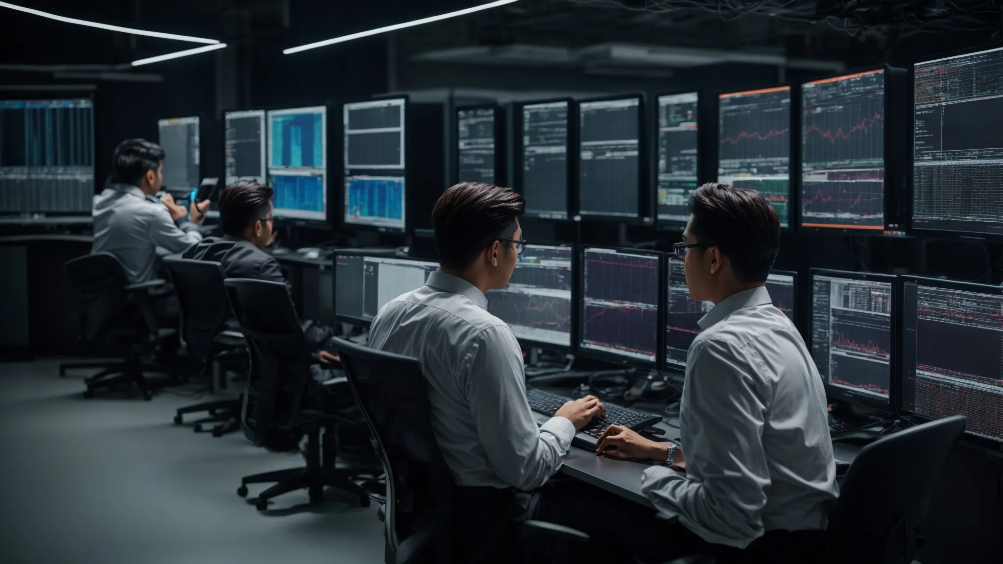 a diverse team of analysts intently studies graphs on computer monitors in a modern data center.