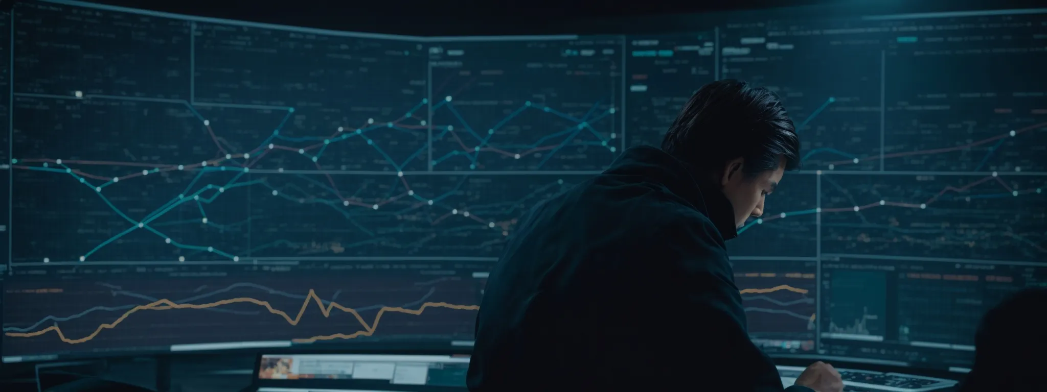 a tactician hunched over a digital analytics dashboard, where pathways and nodes symbolize a web of strategic connections.