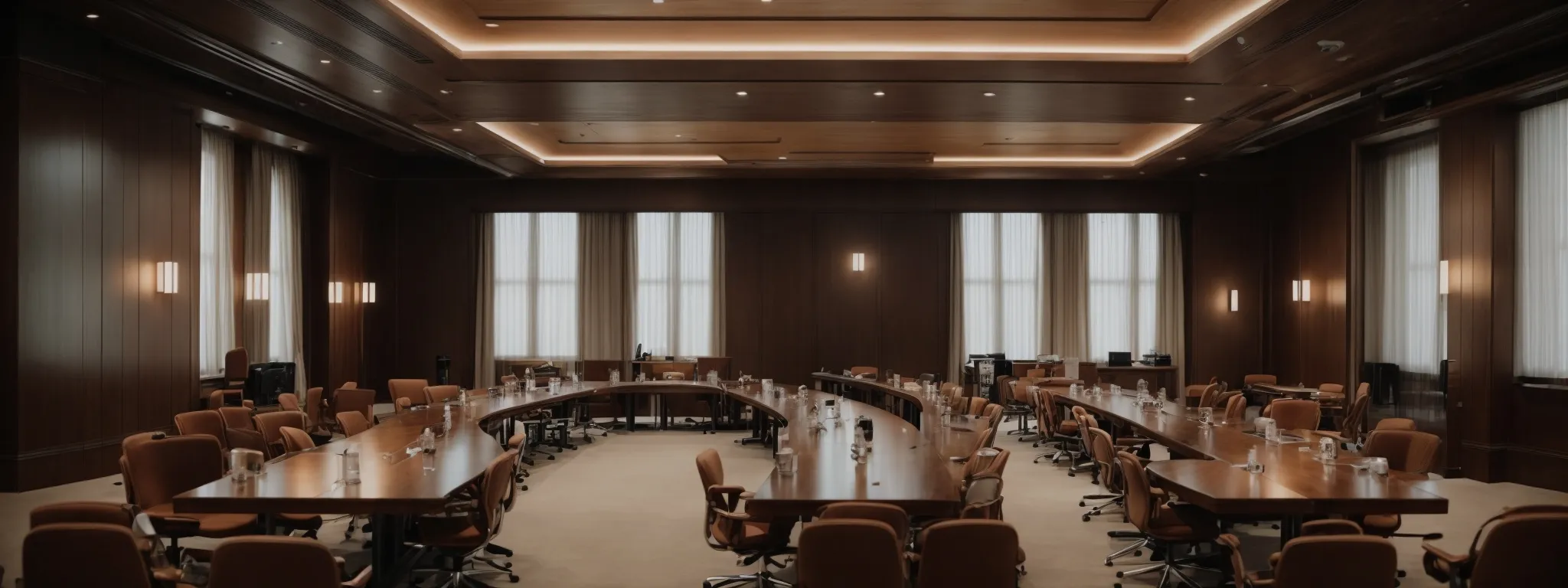 a professional meeting room with a large table, surrounded by empty chairs, ready for a strategy session.