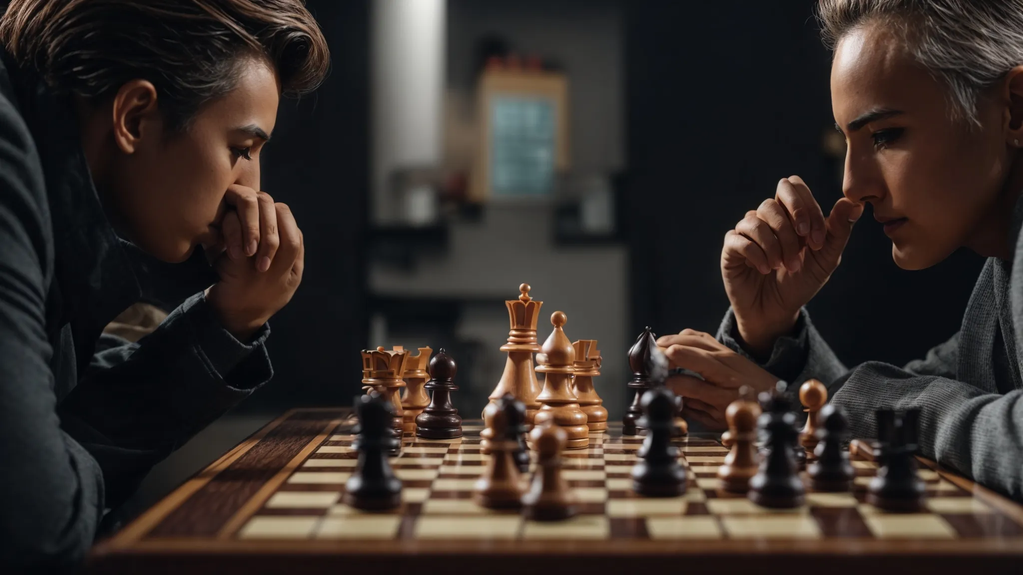 two chess players pondering their next move over a board that symbolizes the strategic decision-making in seo versus content marketing.