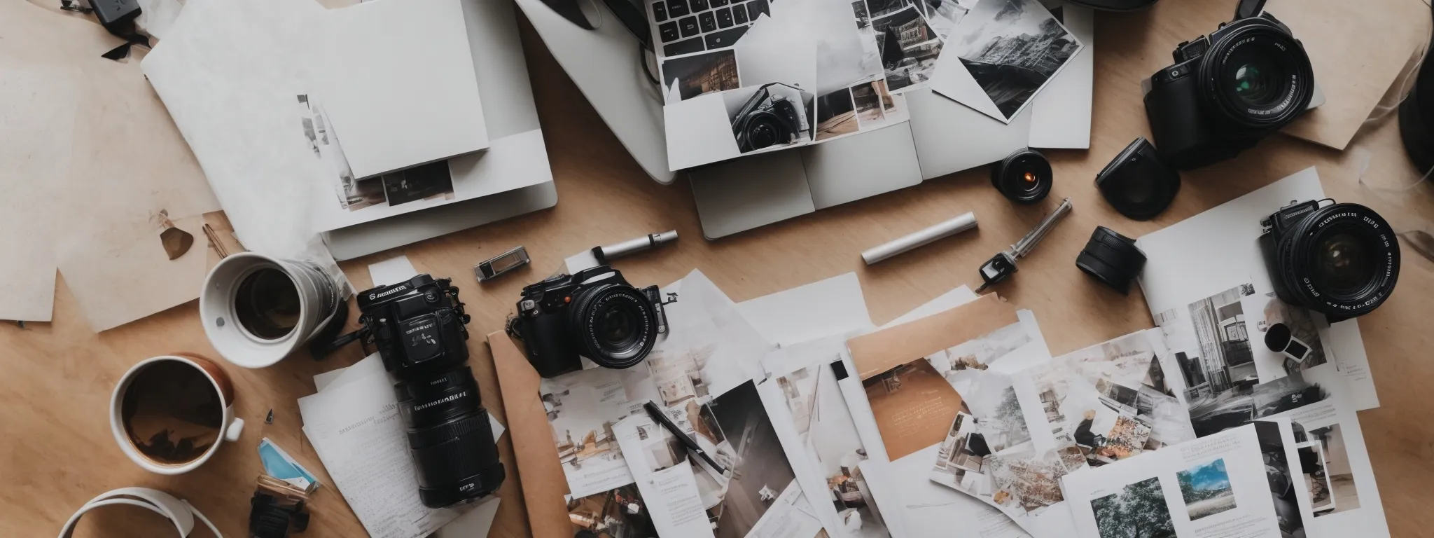 a flat lay of a creative workspace with a high-quality camera, an open magazine, and a drawing tablet, symbolizing the amalgamation of various media in blog post enrichment.