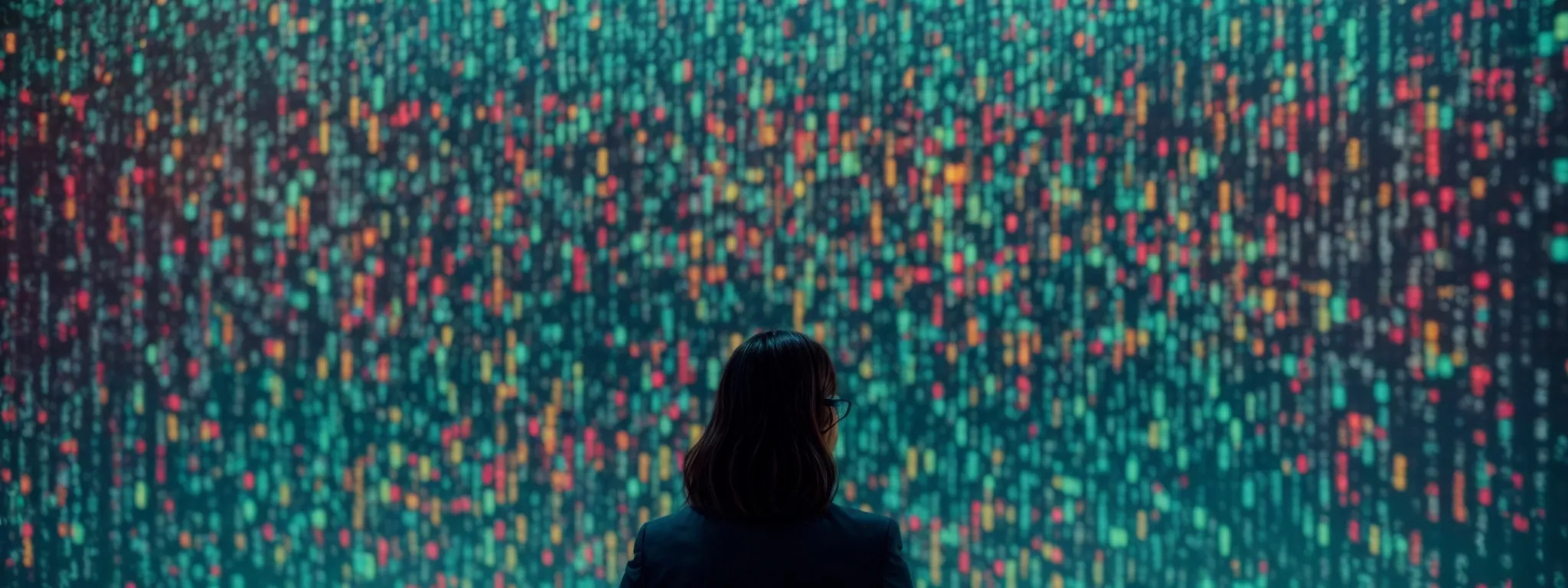 a marketer analyzing a colorful keyword data visualization on a large screen.