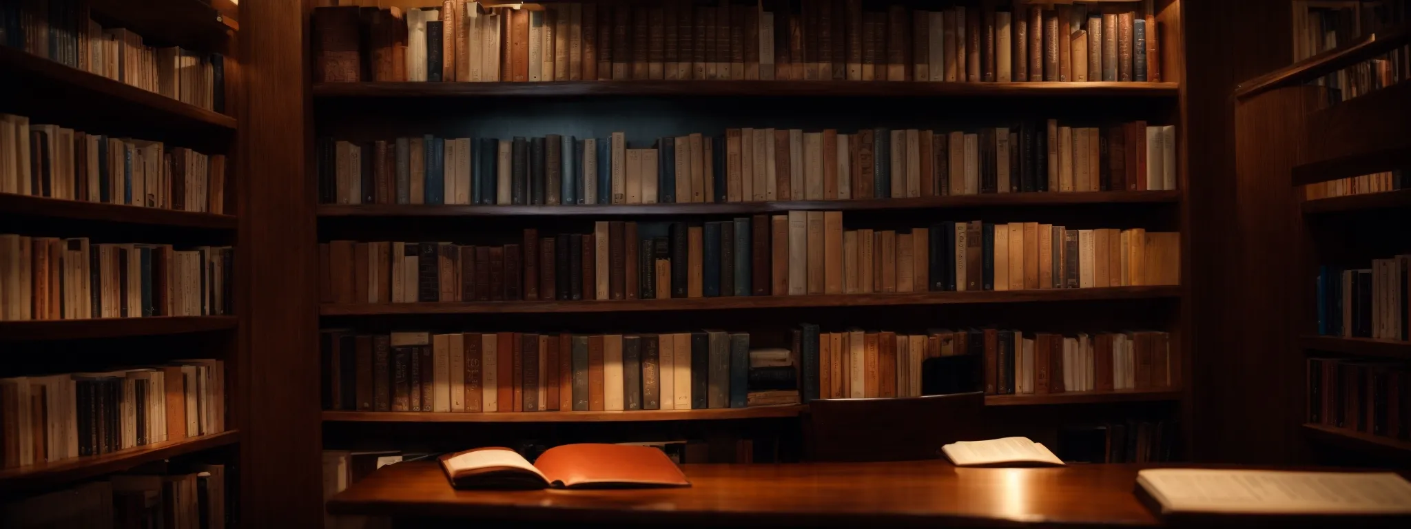 a well-organized library with seo books on a wooden desk, illuminated softly by the glow of an overhead reading lamp.