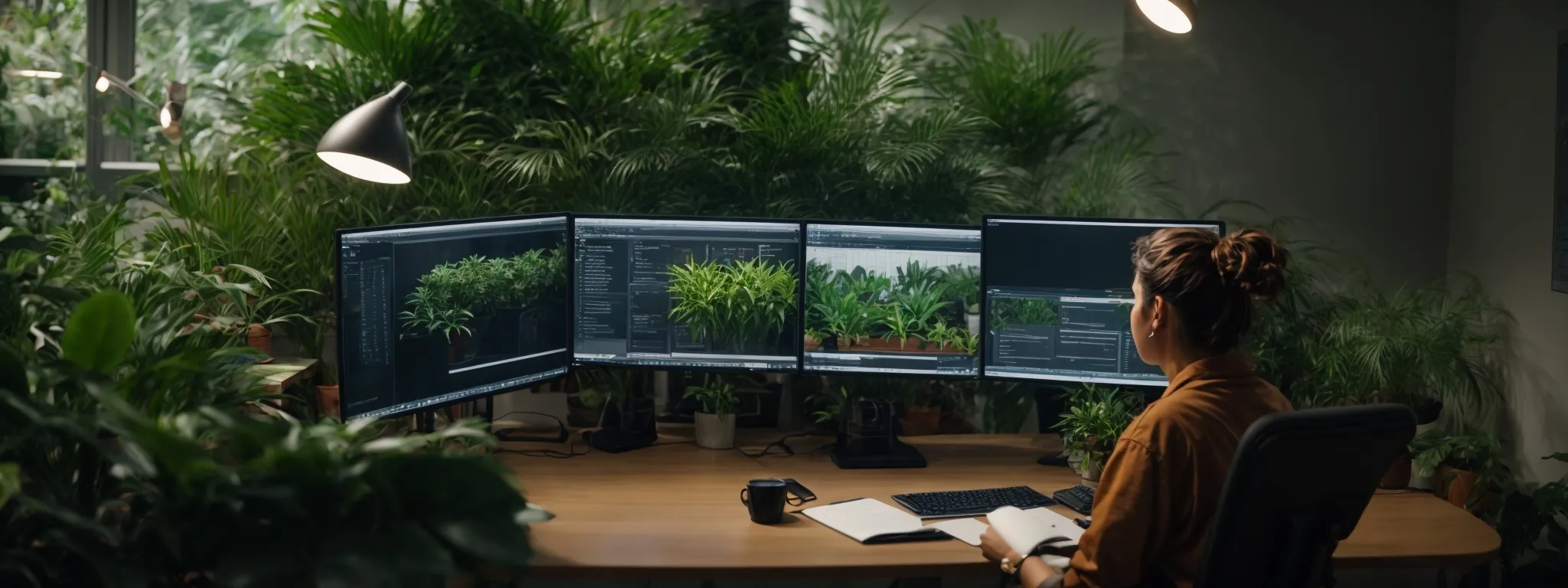 a person sitting at a spacious desk with dual computer monitors, surrounded by plant life, depicting a serene yet focused work environment for an seo freelancer.