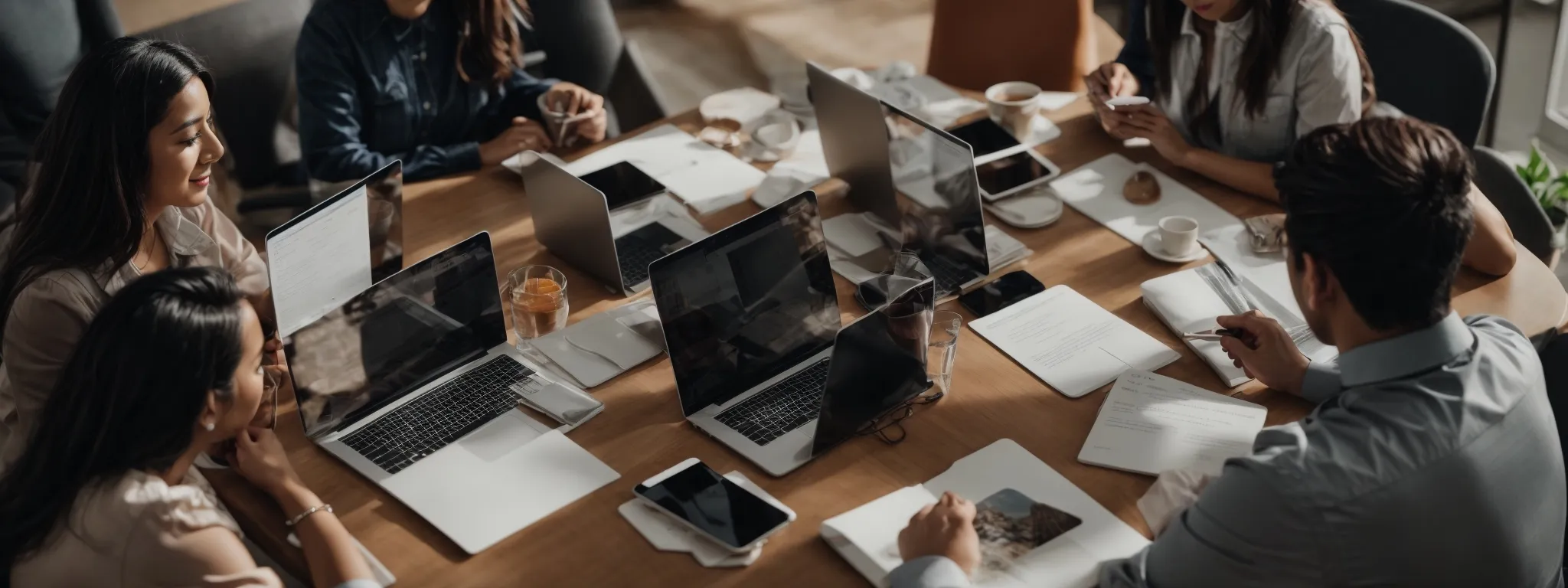 a digital marketing meeting with professionals discussing strategy around a table with laptops and notebooks, without any visible brands or text.