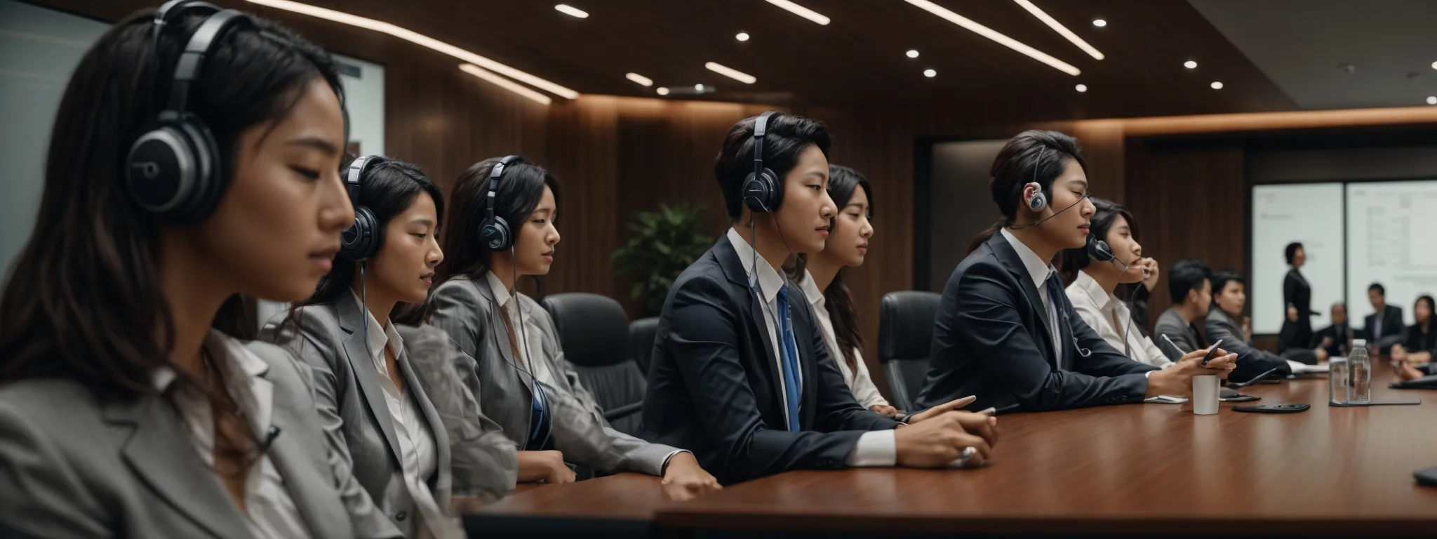 a conference room with professionals engaged in a multilingual meeting equipped with headphones for real-time interpretation.