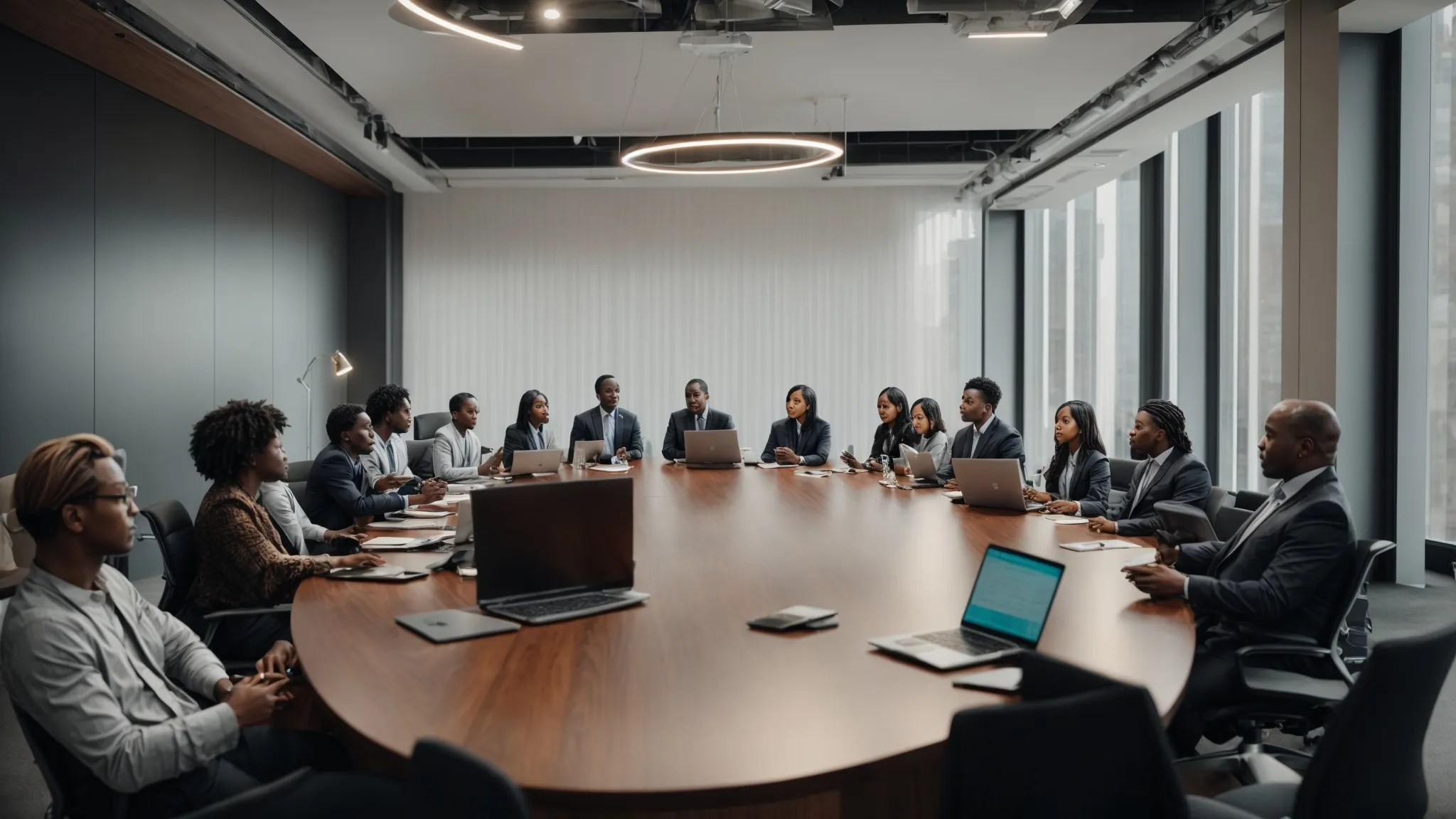 a diverse group of people engaging in a productive discussion around a large conference table equipped with multiple laptops and digital devices.