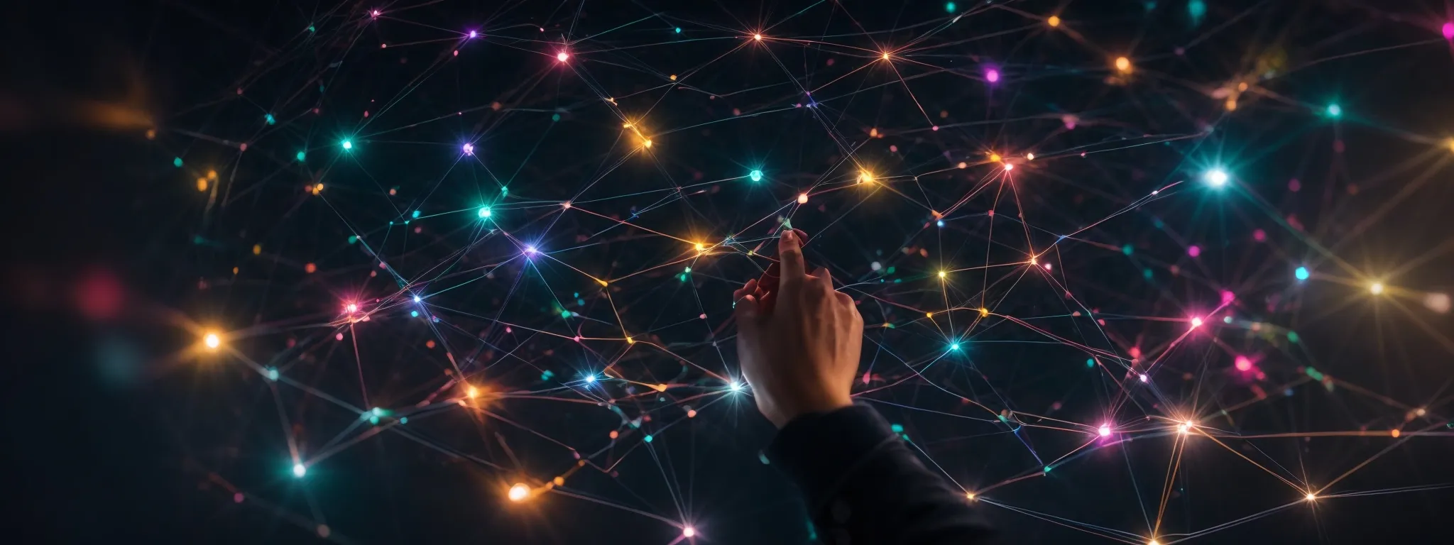 a savvy marketer clicks a mouse on a dynamic interface displaying colorful, interconnected nodes symbolizing a digital marketing network.