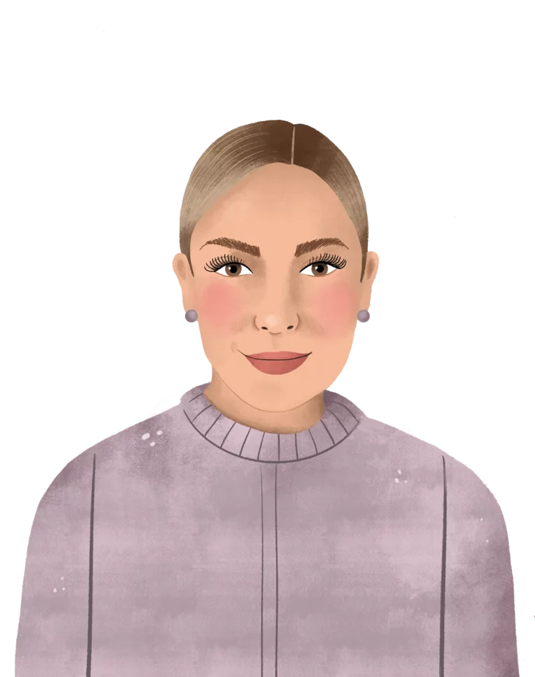 Illustration of a person with light brown hair, wearing a lavender-colored sweater and stud earrings, set against a plain background. Featured in our 2023 