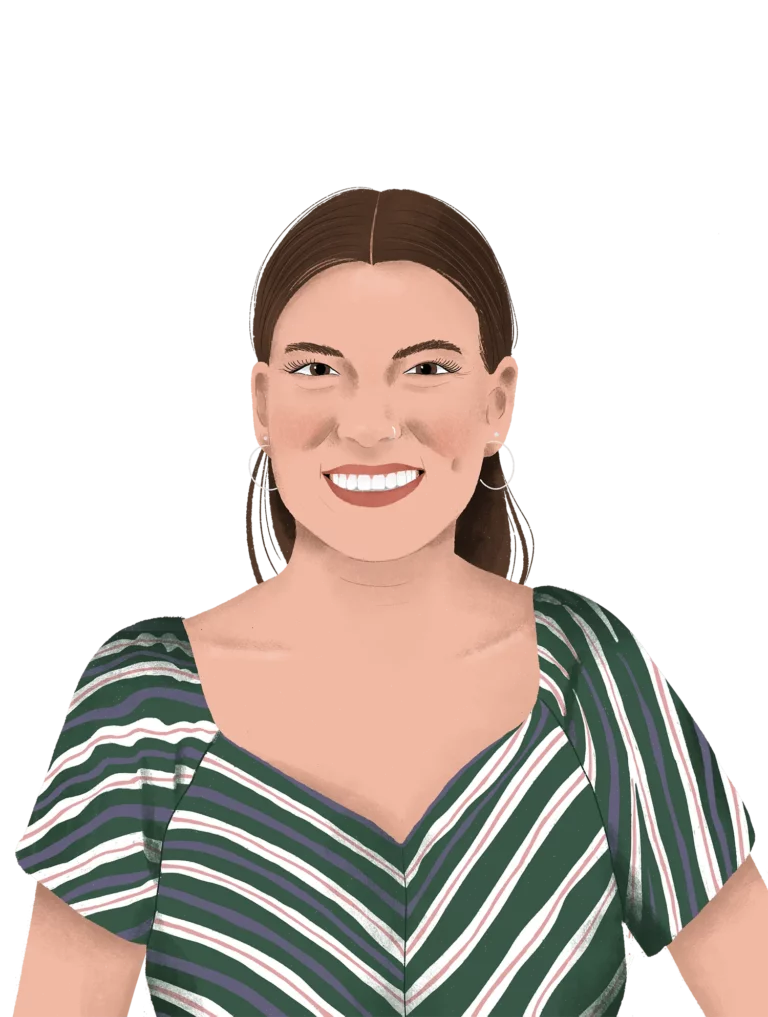 Illustration of a smiling person with long brown hair, wearing a green and white striped top and hoop earrings, against a black background. This 2023 update brings new life to our About Us page.