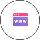 Icon of a web browser window with "www" text, symbolizing the internet, inside a black circle. The window has a pink top bar and a purple body, representing essential tools like PPC and Link Building Services for digital marketing.