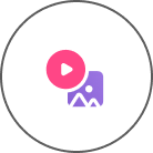 Icon depicting a small purple image with a mountain and sun, overlaid by a larger pink play button, within a circular black outline, designed to represent PPC campaigns or link building services.