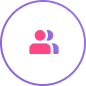 Icon of two abstract human figures inside a purple circle, with one figure in pink at the front and a smaller, overlapping figure in purple at the back, symbolizing collaboration similar to effective link building services.