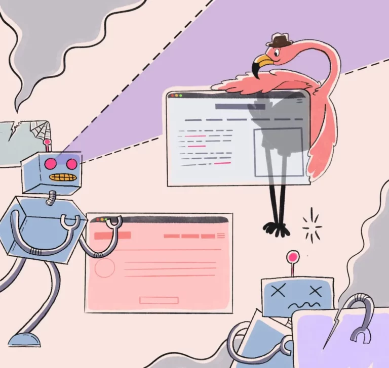 Cartoon illustration of a flamingo in a hat confidently standing beside a website window while malfunctioning robots struggle with broken web pages and errors.