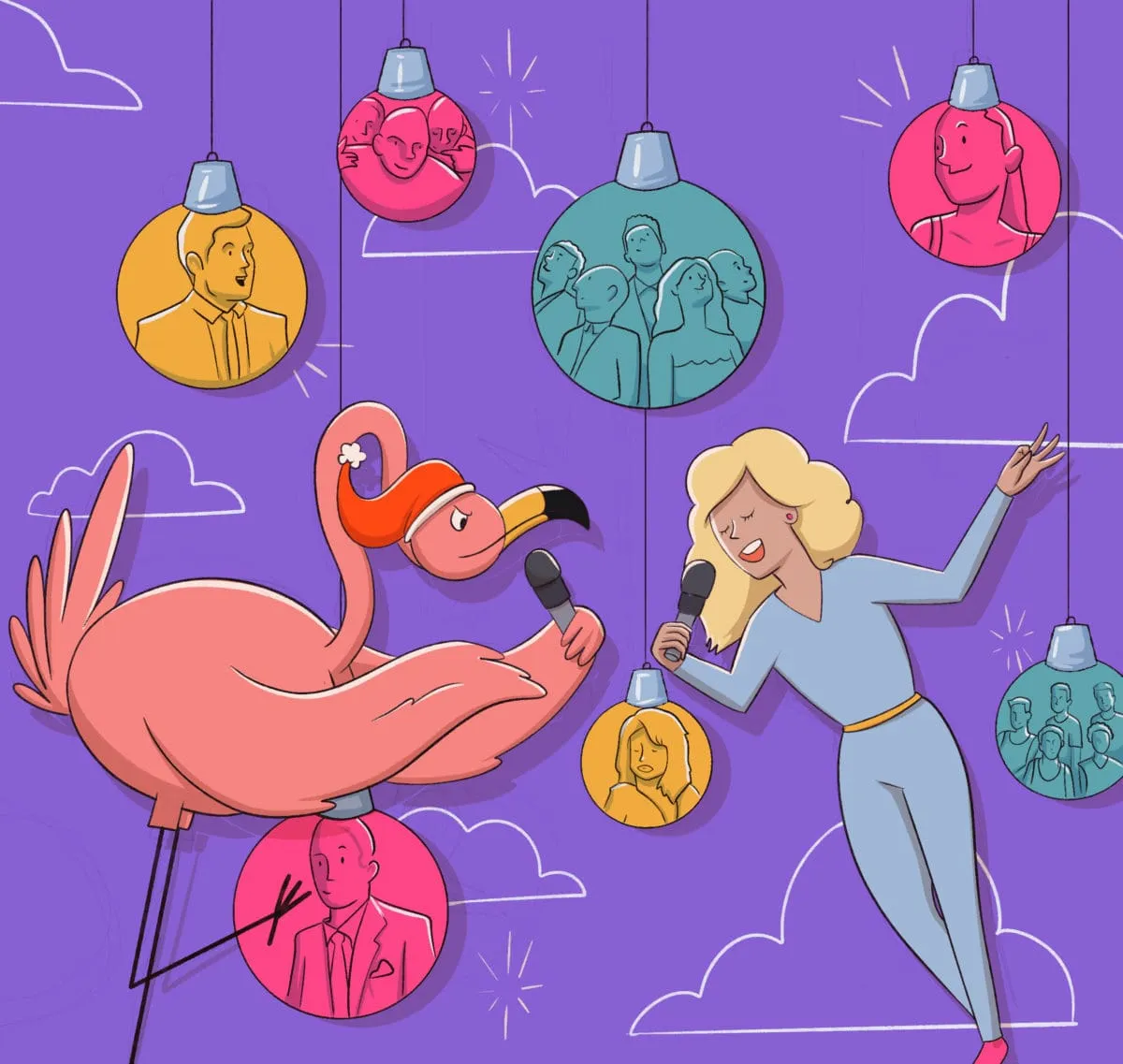 Cartoon flamingo and woman singing karaoke with holiday ornaments in the background