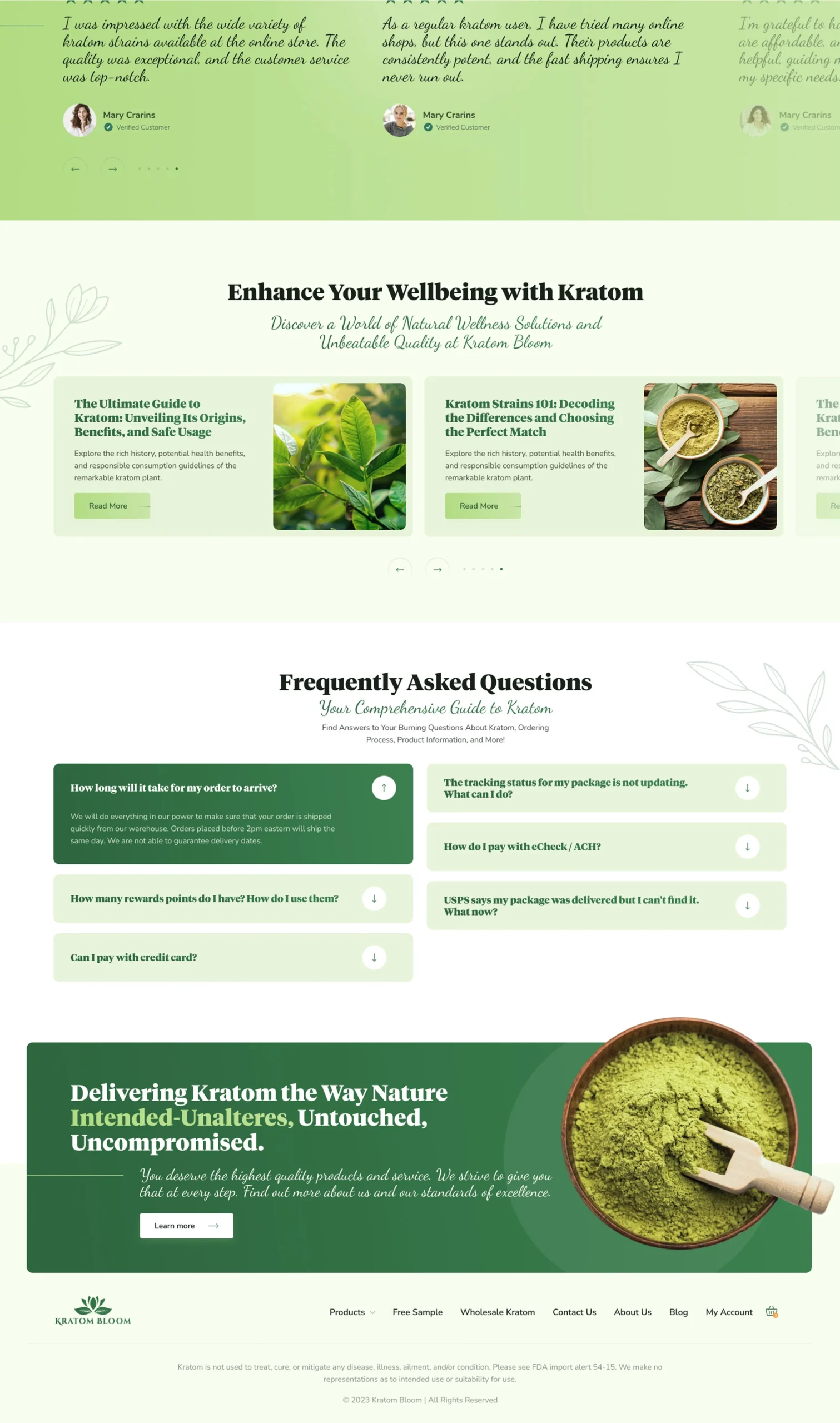 A website page promoting kratom features customer testimonials, product guides, a FAQ section, and an image of a bowl with green kratom powder and a spoon.