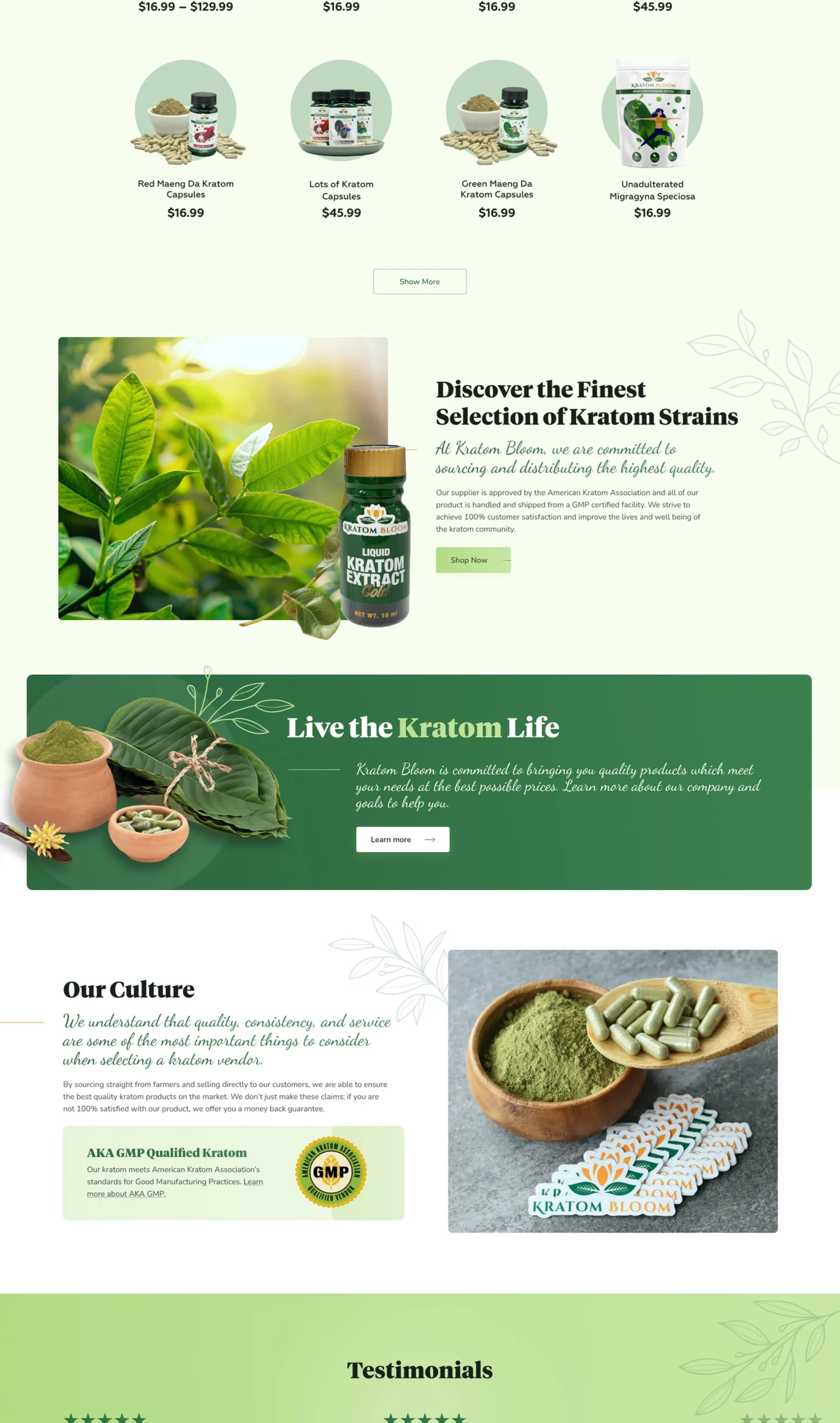 Screenshot of a webpage selling various kratom products, featuring product images, prices, descriptions, a culture statement, and a testimonials section.