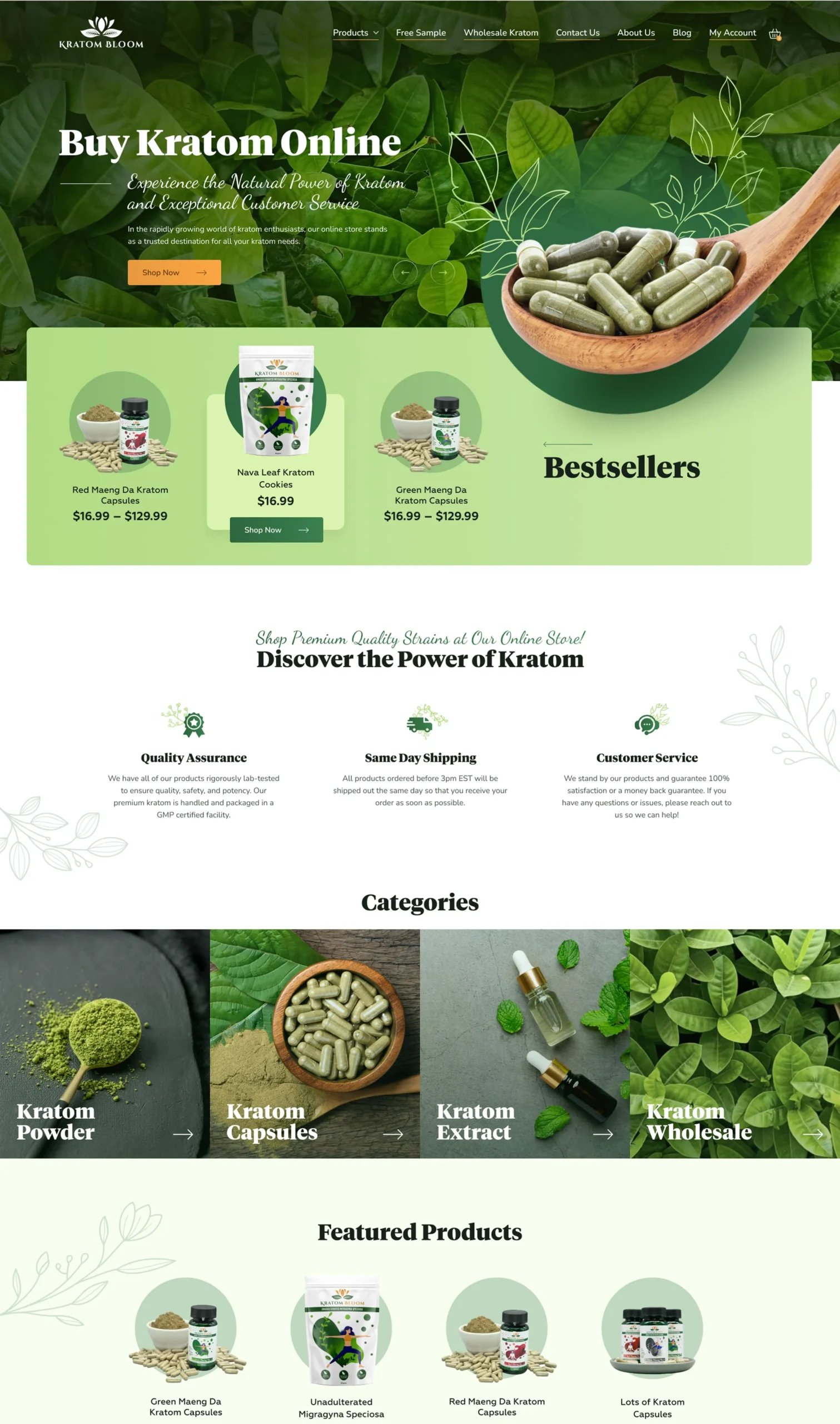 Homepage of an online store selling kratom products, featuring capsules and powders, bestsellers section, product categories, and a green botanical-themed design.