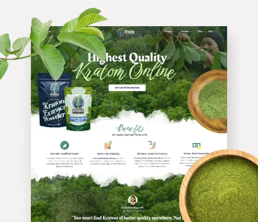 Screenshot of a website homepage advertising high-quality kratom powder, featuring product images, green leaves, and bowls of powdered kratom.