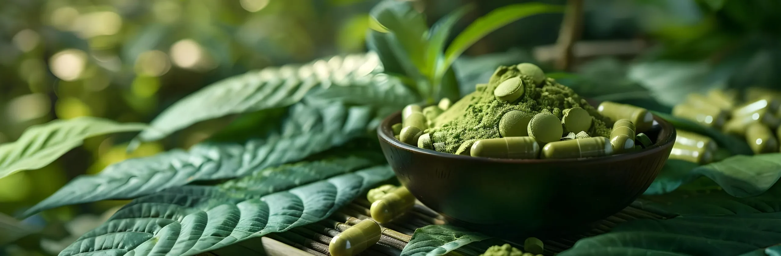 A wooden bowl filled with green powder, tablets, and capsules sits on large green leaves in a natural, outdoor setting.