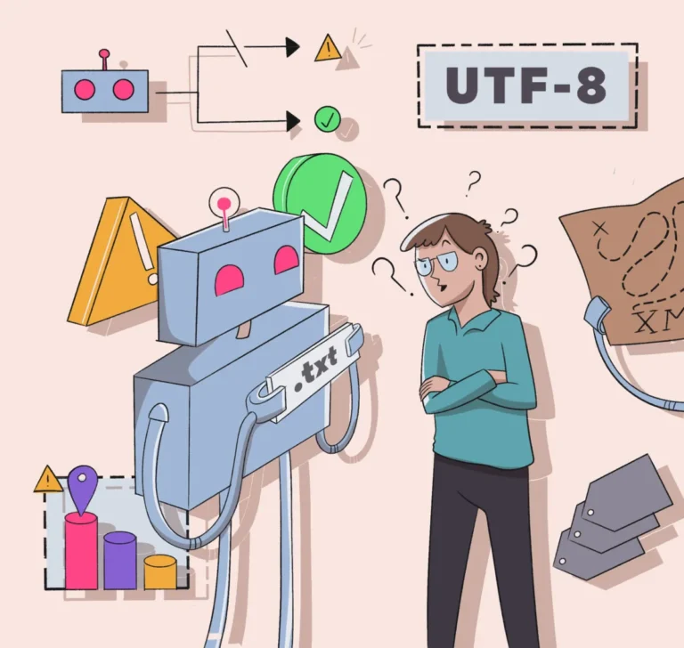 A person stands puzzled next to a robot displaying "robots.txt file" amid symbols like UTF-8, charts, warning signs, and a map, illustrating confusion over robots.txt issues or data encoding.