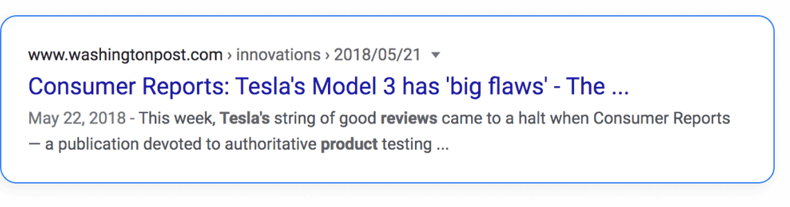 A Google search result snippet featuring a Washington Post headline about Consumer Reports uncovering major flaws in Tesla’s Model 3, dated May 22, 2018—highlighting the impact on SEO Reputation Management.