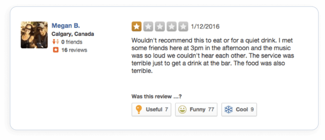 A negative restaurant review affecting SEO Reputation Management: Megan B. rated it one star, citing loud music, poor service, and bad food.