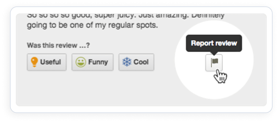 Screenshot showing buttons labeled "Useful," "Funny," and "Cool" under a review, with a cursor hovering over a "Report review" flag icon, useful for SEO reputation management insights.