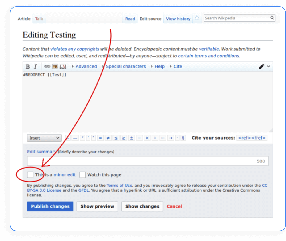 Screenshot of a Wikipedia editing page, highlighting the "This is a minor edit" checkbox with a red arrow and circle—an important detail for effective SEO Reputation Management practices.