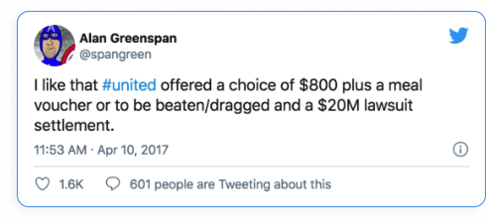 A tweet by Alan Greenspan joking about United Airlines offering $800 and a meal voucher—or risking SEO Reputation Management issues after dragging you off the plane for a $20M settlement.