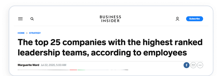 Screenshot of a Business Insider article headline: "The top 25 companies with the highest ranked leadership teams, according to employees," highlighting the impact of strong SEO Reputation Management on company perception.