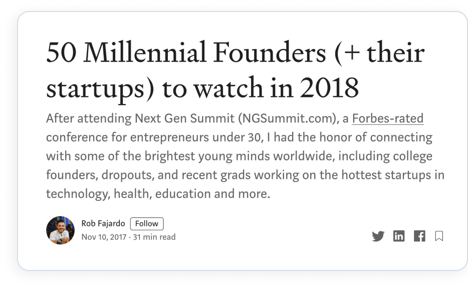 Screenshot of an article titled "50 Millennial Founders (+ their startups) to watch in 2018" highlighting young entrepreneurs in tech, health, education, and emerging fields like SEO Reputation Management.