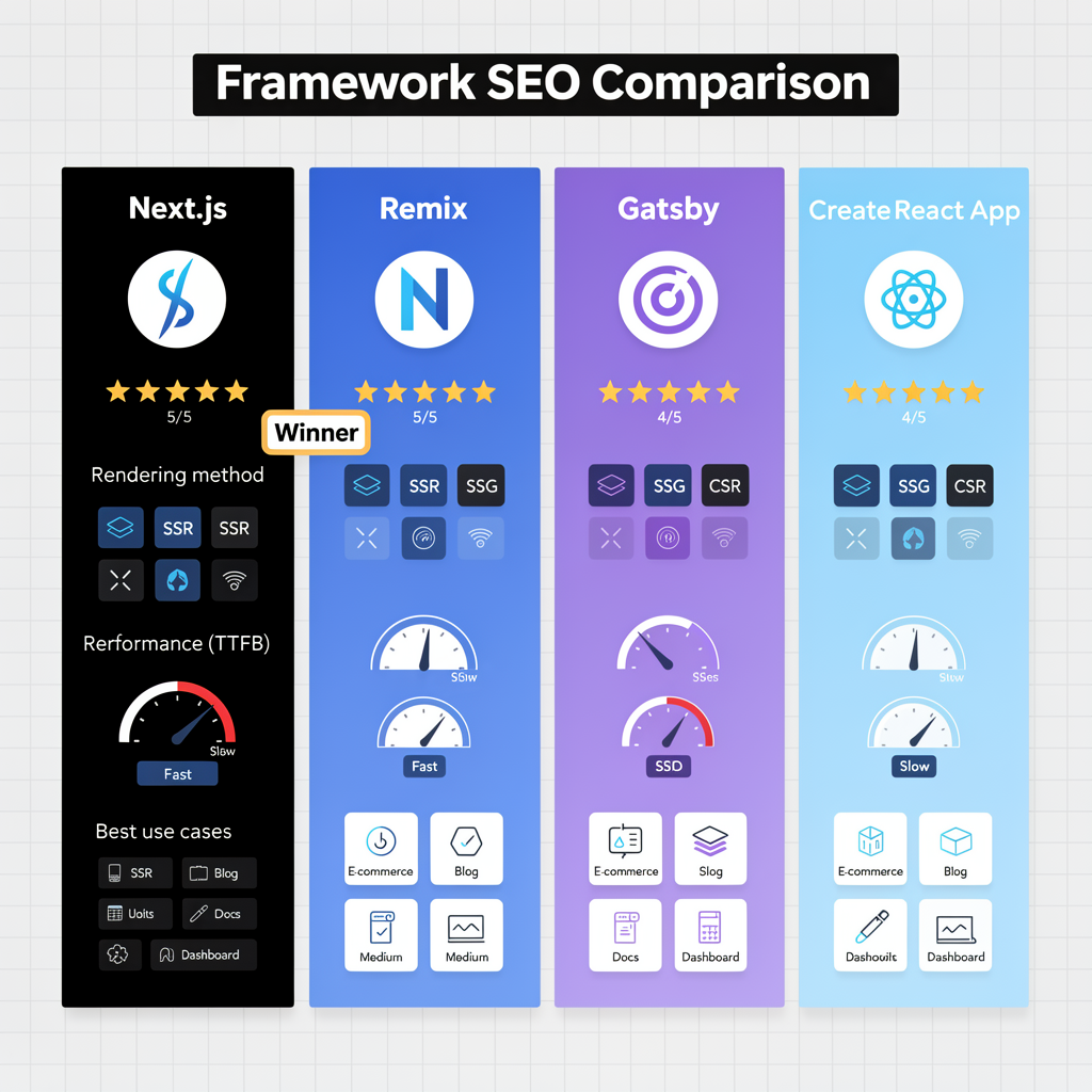 Comparison chart of four web frameworks—Next.js, Remix, Gatsby, and Create React App—showing ratings, rendering methods, performance, and best use cases for SEO for React Applications.