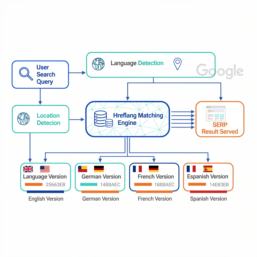 Flowchart illustrating how Google's Hreflang Matching Engine, based on the Hreflang Implementation Guide, uses language and location detection to serve localized SERP results in English, German, French, or Spanish.