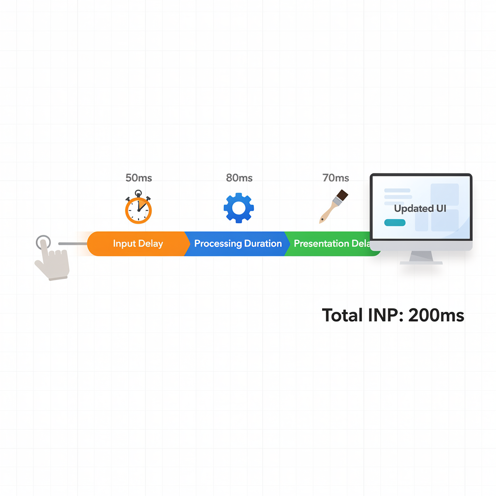 A three-stage timeline showing input delay (50ms), processing duration (80ms), and presentation delay (70ms)—totaling 200ms—illustrates the path to updated UI and highlights areas for Interaction to Next Paint (INP) Optimization.