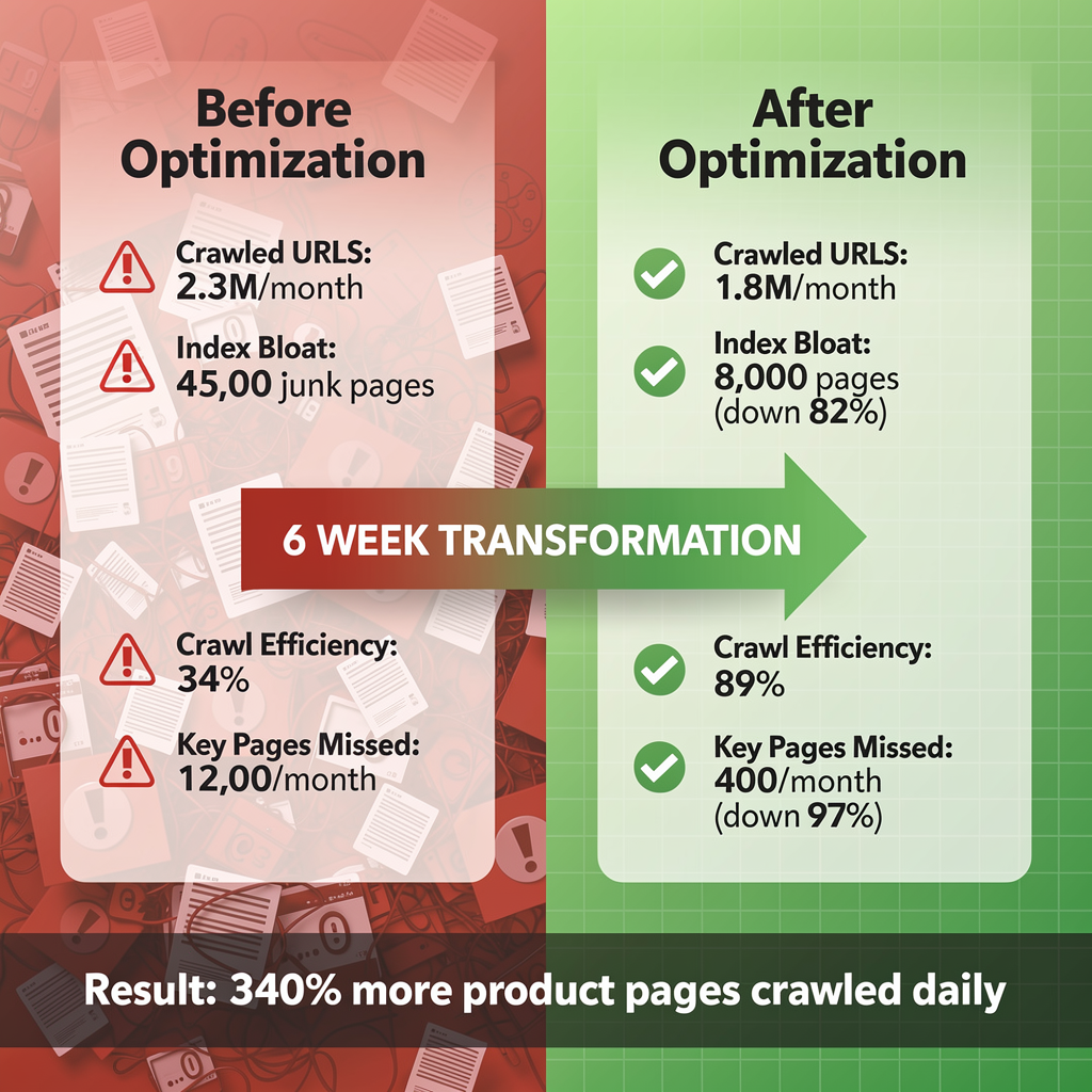 Side-by-side comparison of website performance before and after Crawl Budget Optimization, highlighting improvements in crawl efficiency, reduced index bloat, and fewer missed key pages over six weeks.