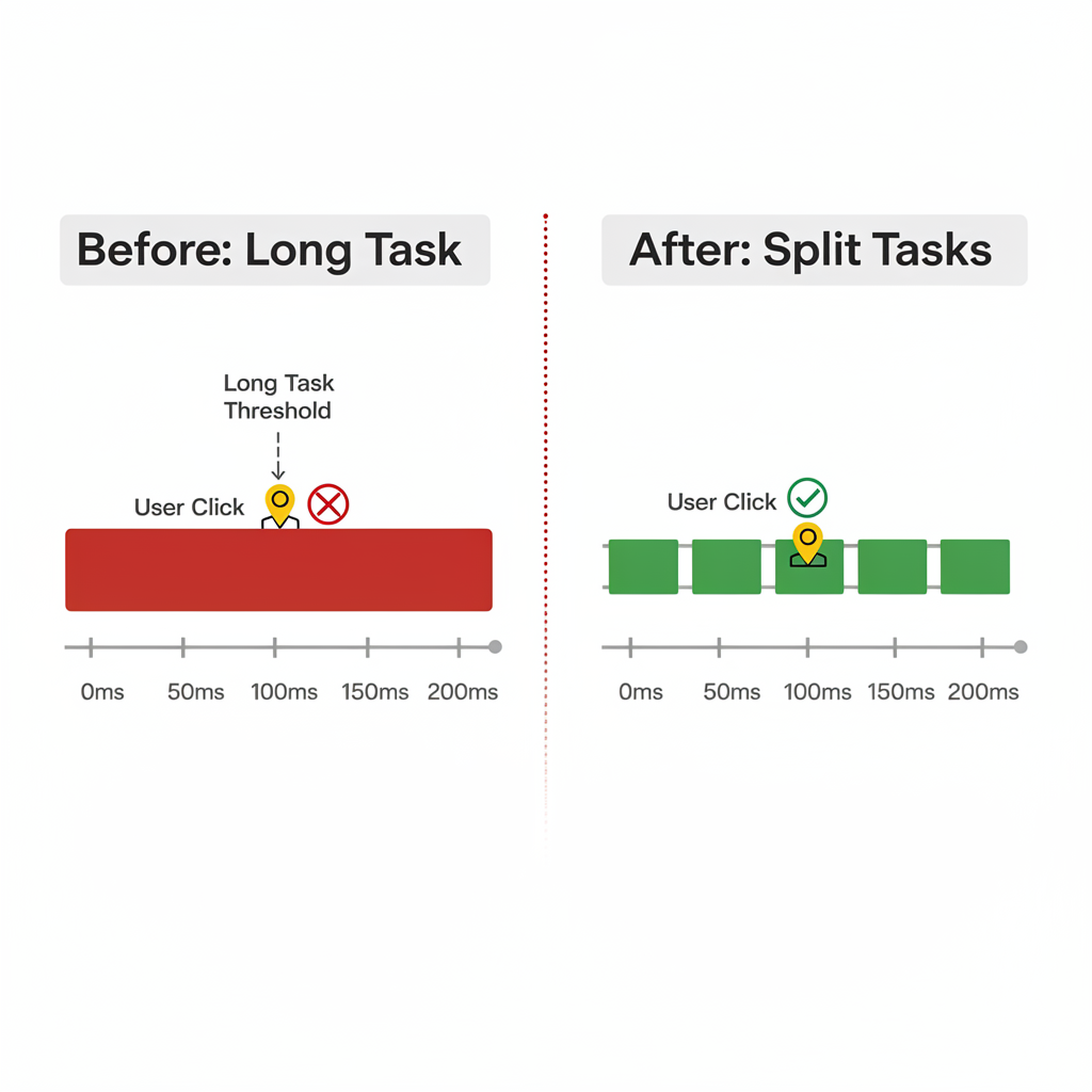 Comparison of a single long task versus multiple split tasks after a user click, highlighting improved performance and enhanced Interaction to Next Paint (INP) Optimization when tasks are divided.