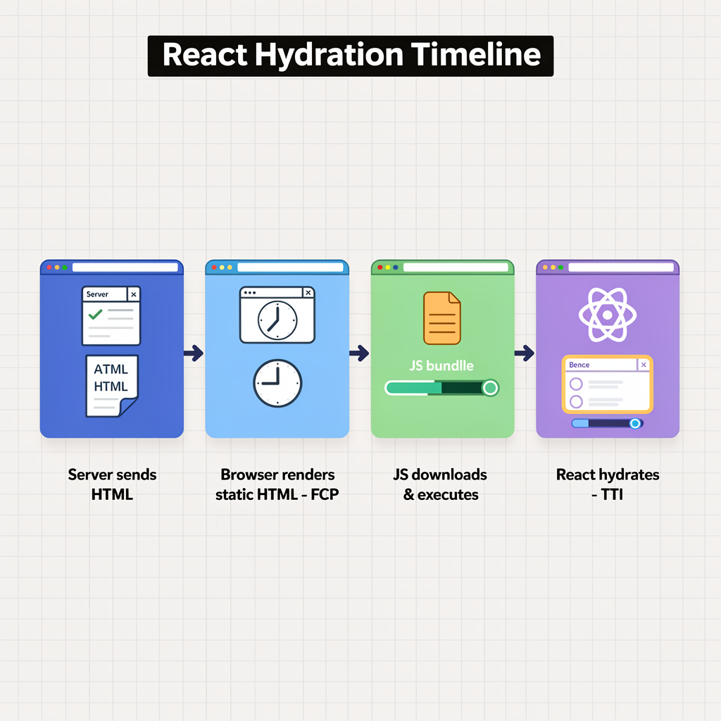A four-step React hydration timeline for SEO for React Applications: server sends HTML, browser renders static HTML, JS downloads and executes, and React hydrates the page.
