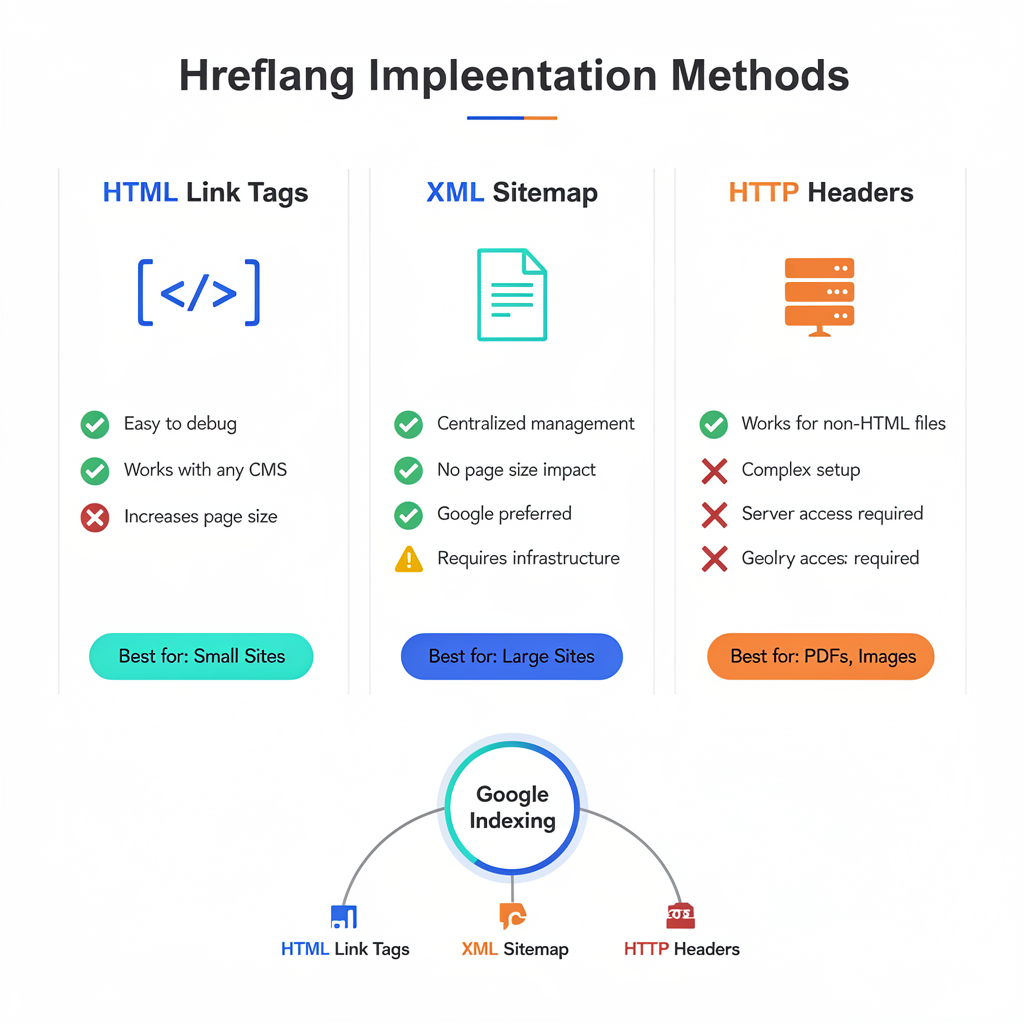 Infographic from our Hreflang Implementation Guide compares methods like HTML link tags, XML sitemap, and HTTP headers, highlighting pros, cons, and best use cases for each approach.