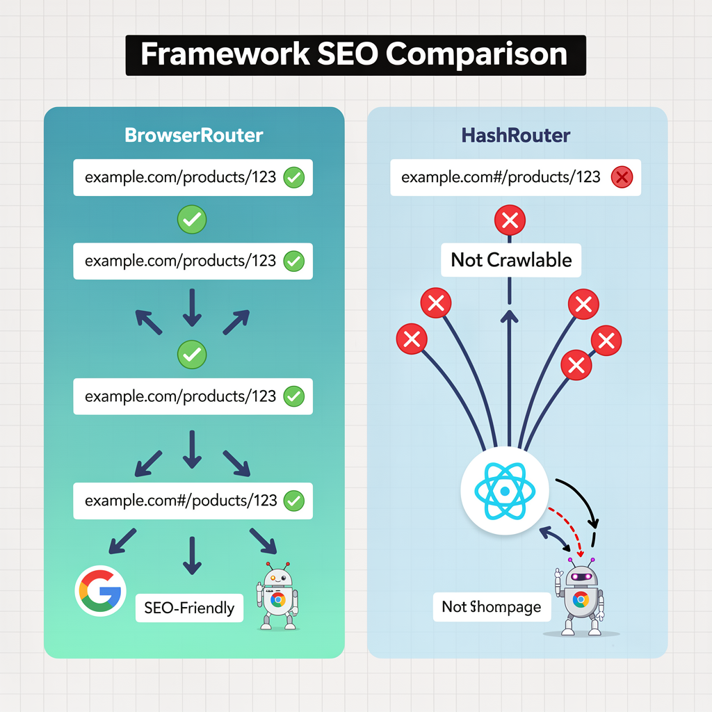 A screenshot of a screen with a diagram illustrating SEO for React Applications.